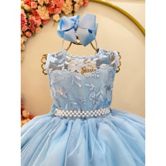 Vestido Infantil Longo Azul Claro C/ Renda e Pérolas Damas