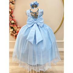 Vestido Infantil Longo Azul Claro C/ Renda e Pérolas Damas