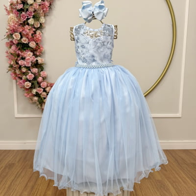 Vestido Infantil Longo Azul Claro C/ Renda e Pérolas Damas