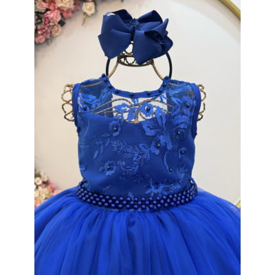 Vestido Infantil Longo Azul Royal C/ Renda Damas Formatura