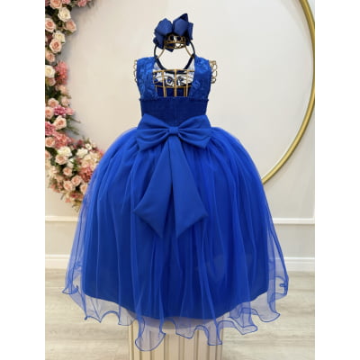 Vestido Infantil Longo Azul Royal C/ Renda Damas Formatura