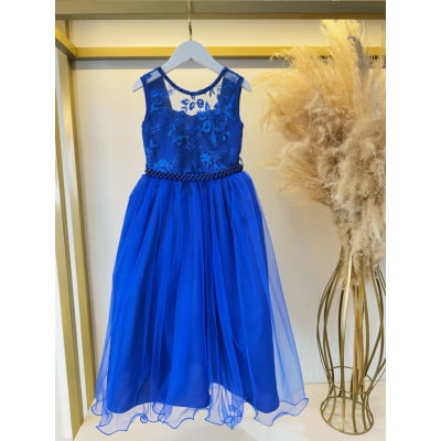 Vestido Infantil Longo Azul Royal C/ Renda Damas Formatura