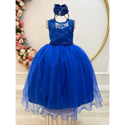 Vestido Infantil Longo Azul Royal C/ Renda Damas Formatura