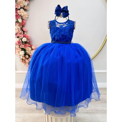 Vestido Infantil Longo Azul Royal C/ Renda e Pérolas Damas