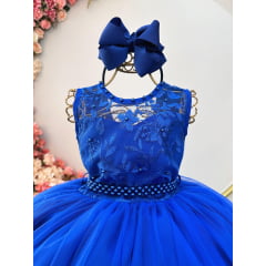 Vestido Infantil Longo Azul Royal C/ Renda e Pérolas Damas