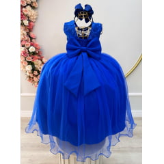 Vestido Infantil Longo Azul Royal C/ Renda e Pérolas Damas