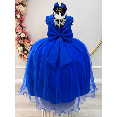 Vestido Infantil Longo Azul Royal C/ Renda e Pérolas Damas