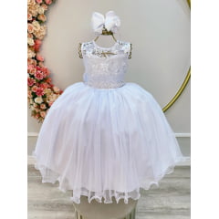 Vestido Infantil Branco C/ Renda e Cinto de Pérolas