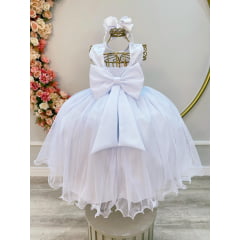 Vestido Infantil Branco C/ Renda e Cinto de Pérolas