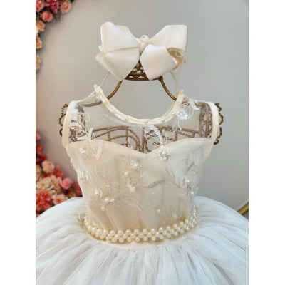 Vestido Infantil Longo Marfim C/ Renda e Pérolas Damas