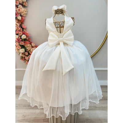Vestido Infantil Longo Marfim C/ Renda e Pérolas Damas