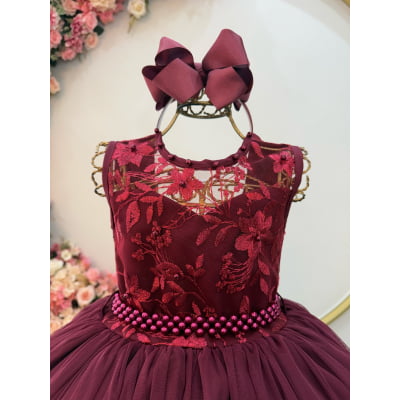 Vestido Infantil Longo Marsala C/ Renda Casamentos Festas