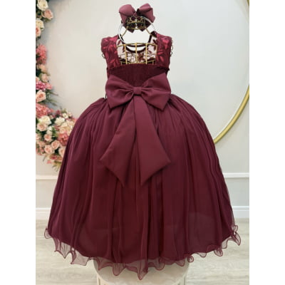 Vestido Infantil Longo Marsala C/ Renda Casamentos Festas