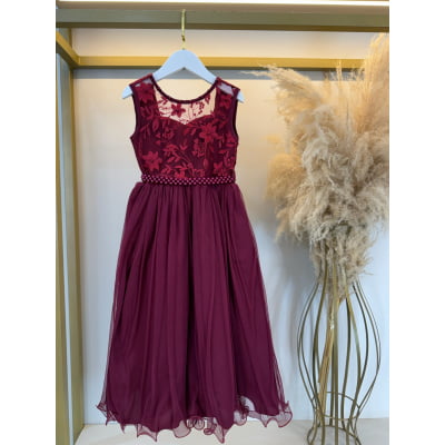 Vestido Infantil Longo Marsala C/ Renda Casamentos Festas