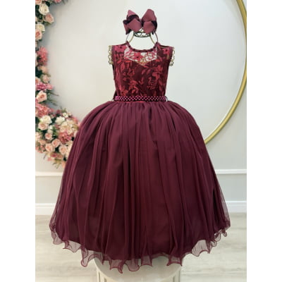 Vestido Infantil Longo Marsala C/ Renda Casamentos Festas