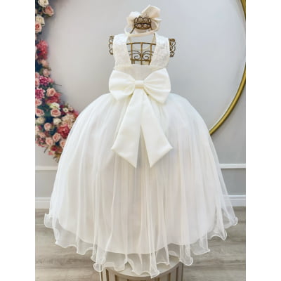Vestido Infantil Longo Off White C/ Renda e Pérolas Damas Luxo
