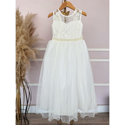 Vestido Infantil Longo Off White C/ Renda e Pérolas Damas Luxo