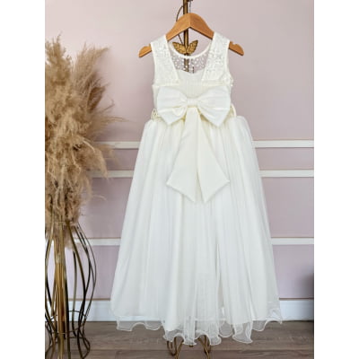 Vestido Infantil Longo Off White C/ Renda e Pérolas Damas Luxo