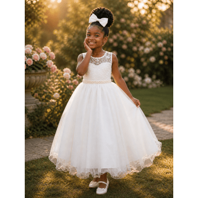 Vestido Infantil Longo Off White C/ Renda e Pérolas Damas Luxo