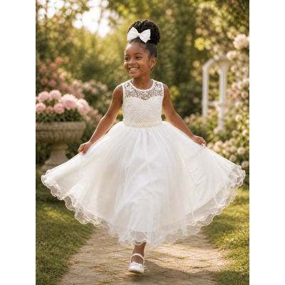 Vestido Infantil Longo Off White C/ Renda e Pérolas Damas Luxo