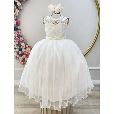 Vestido Infantil Longo Off White C/ Renda e Pérolas Damas Luxo