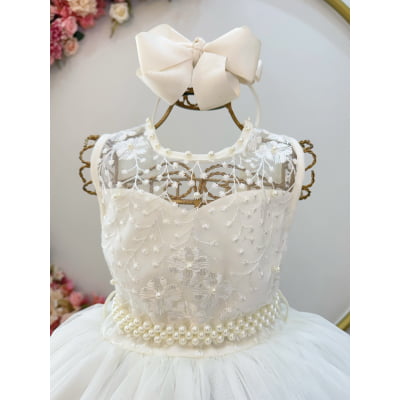 Vestido Infantil Longo Off White C/ Renda e Pérolas Damas Luxo
