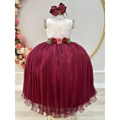 Vestido Infantil Longo Off White Saia Marsala Daminha Festas
