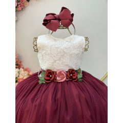 Vestido Infantil Longo Off White Saia Marsala Daminha Festas