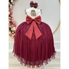 Vestido Infantil Longo Off White Saia Marsala Daminha Festas