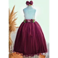 Vestido Infantil Longo Off White Saia Marsala Daminha Festas