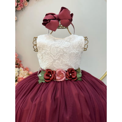 Vestido Infantil Longo Off White Saia Marsala Daminha Festas