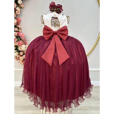 Vestido Infantil Longo Off White Saia Marsala Daminha Festas