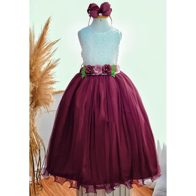 Vestido Infantil Longo Off White Saia Marsala Daminha Festas