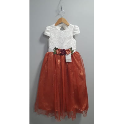 Vestido Infantil Longo Off White Saia Terracota Daminhas