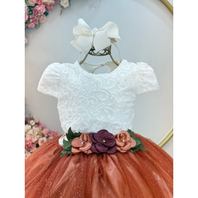 Vestido Infantil Longo Off White Saia Terracota Daminhas