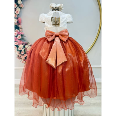 Vestido Infantil Longo Off White Saia Terracota Daminhas