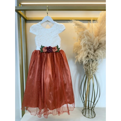 Vestido Infantil Longo Off White Saia Terracota Daminhas