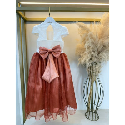 Vestido Infantil Longo Off White Saia Terracota Daminhas