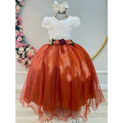 Vestido Infantil Longo Off White Saia Terracota Daminhas