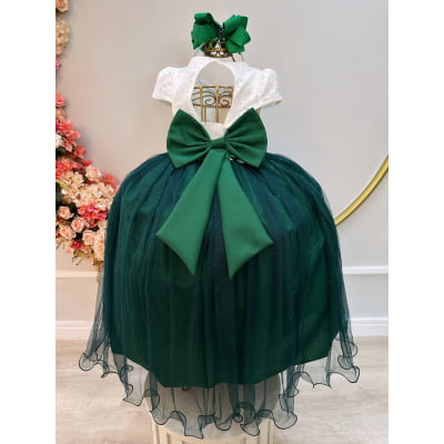 Vestido Infantil Longo Off White Saia Verde Esmeralda Daminha