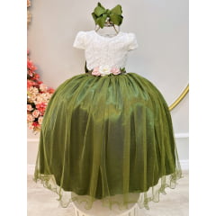 Vestido Infantil Longo Off White Saia Verde Oliva Daminha