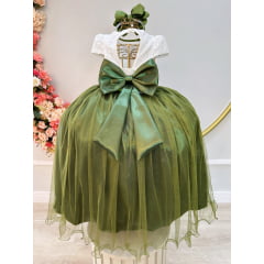 Vestido Infantil Longo Off White Saia Verde Oliva Daminha