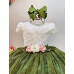 Vestido Infantil Longo Off White Saia Verde Oliva Daminha