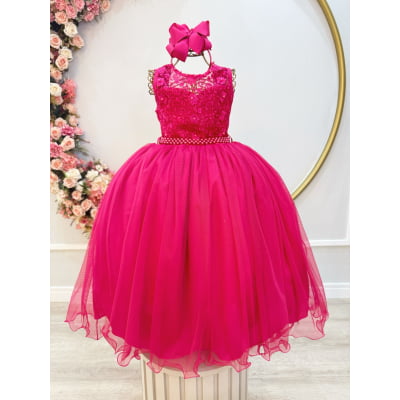 Vestido Infantil Longo Pink C/ Renda Casamentos Festas