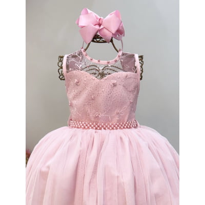 Vestido Infantil Longo Rosa Claro C/ Renda Casamentos Festas
