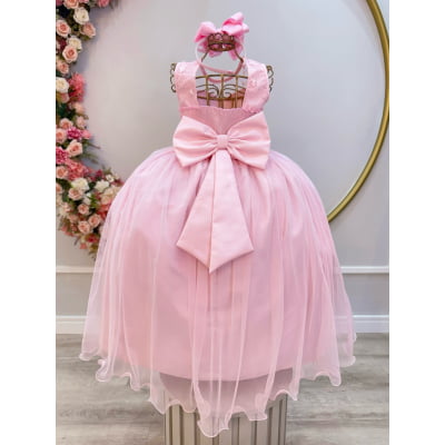Vestido Infantil Longo Rosa Claro C/ Renda Casamentos Festas