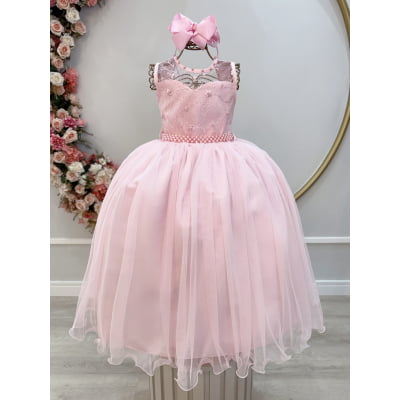 Vestido Infantil Longo Rosa Claro C/ Renda Casamentos Festas