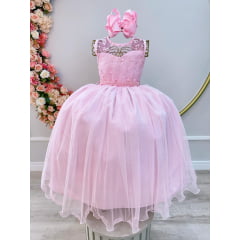 Vestido Infantil Longo Rosa Claro C/ Renda e Pérolas Damas