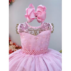 Vestido Infantil Longo Rosa Claro C/ Renda e Pérolas Damas