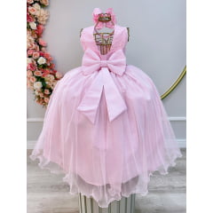 Vestido Infantil Longo Rosa Claro C/ Renda e Pérolas Damas